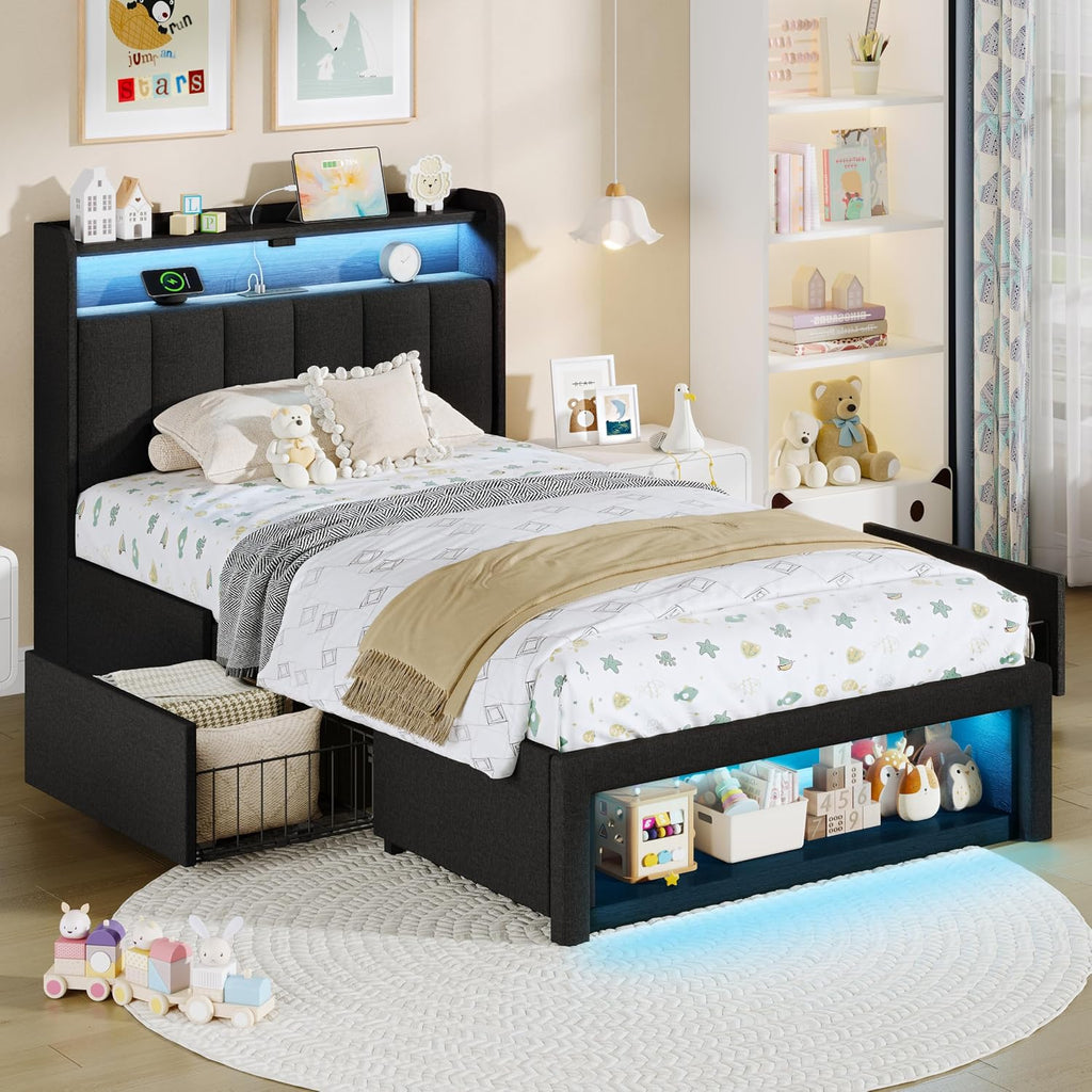 ChicZhiNest Twin Bed Frame with 2 Storage Drawers, LED Headboard with Charging Station, Upholstered Bed for Kids Boy with Wooden Slats & Footboard Cubbies, No Box Spring Needed, Black