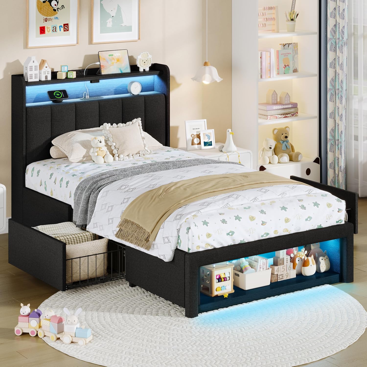ChicZhiNest Twin Bed Frame with 2 Storage Drawers, LED Headboard with Charging Station, Upholstered Bed for Kids Boy with Wooden Slats & Footboard Cubbies, No Box Spring Needed, Black