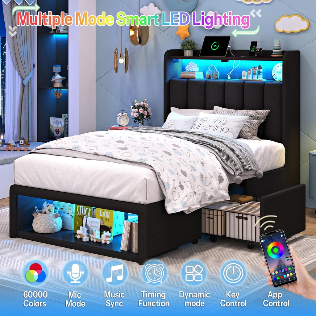 ChicZhiNest Twin Bed Frame with 2 Storage Drawers, LED Headboard with Charging Station, Upholstered Bed for Kids Boy with Wooden Slats & Footboard Cubbies, No Box Spring Needed, Black