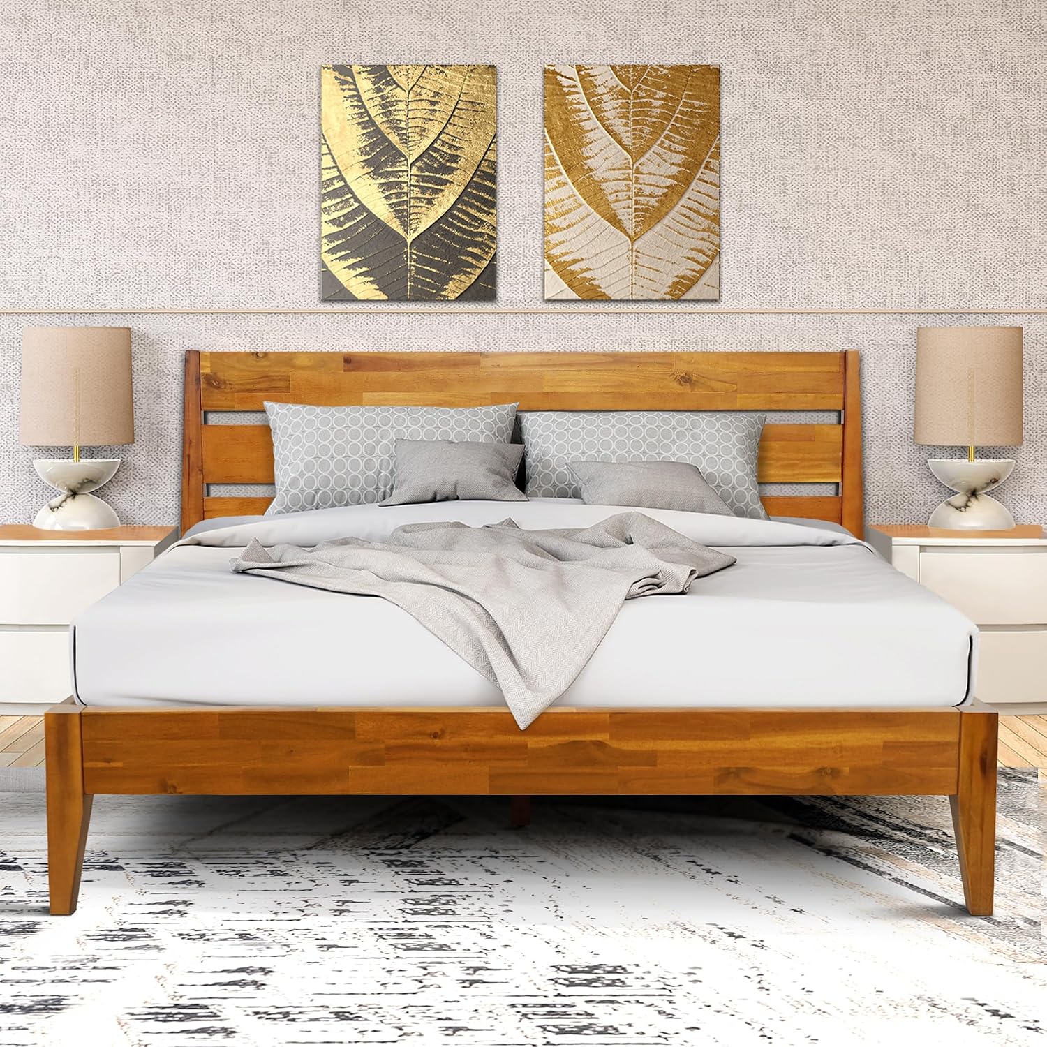 Acacia Emery Bed Frame with Headboard Solid Wood Platform Bed, Queen Size Bed Frame, Mid - Century Modern Wood Bed Compatible with All Mattresses, Easy Assembly, Non-Slip, Caramel.