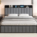 VECELO Full Bed Frame, Storage Upholstered Headboard with Charging Station, Platform Bedframe, Heavy Duty Metal Slats, No Box Spring Needed, Noise-Free, Easy Assembly, Dark Grey