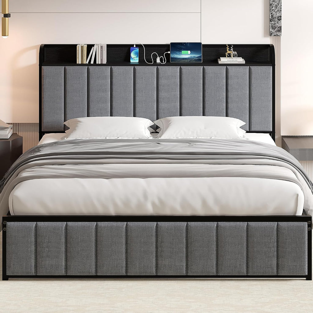 VECELO Queen Bed Frame, Storage Upholstered Headboard with Charging Station, Platform Bedframe, Heavy Duty Metal Slats, No Box Spring Needed, Noise-Free, Easy Assembly, Classic Grey