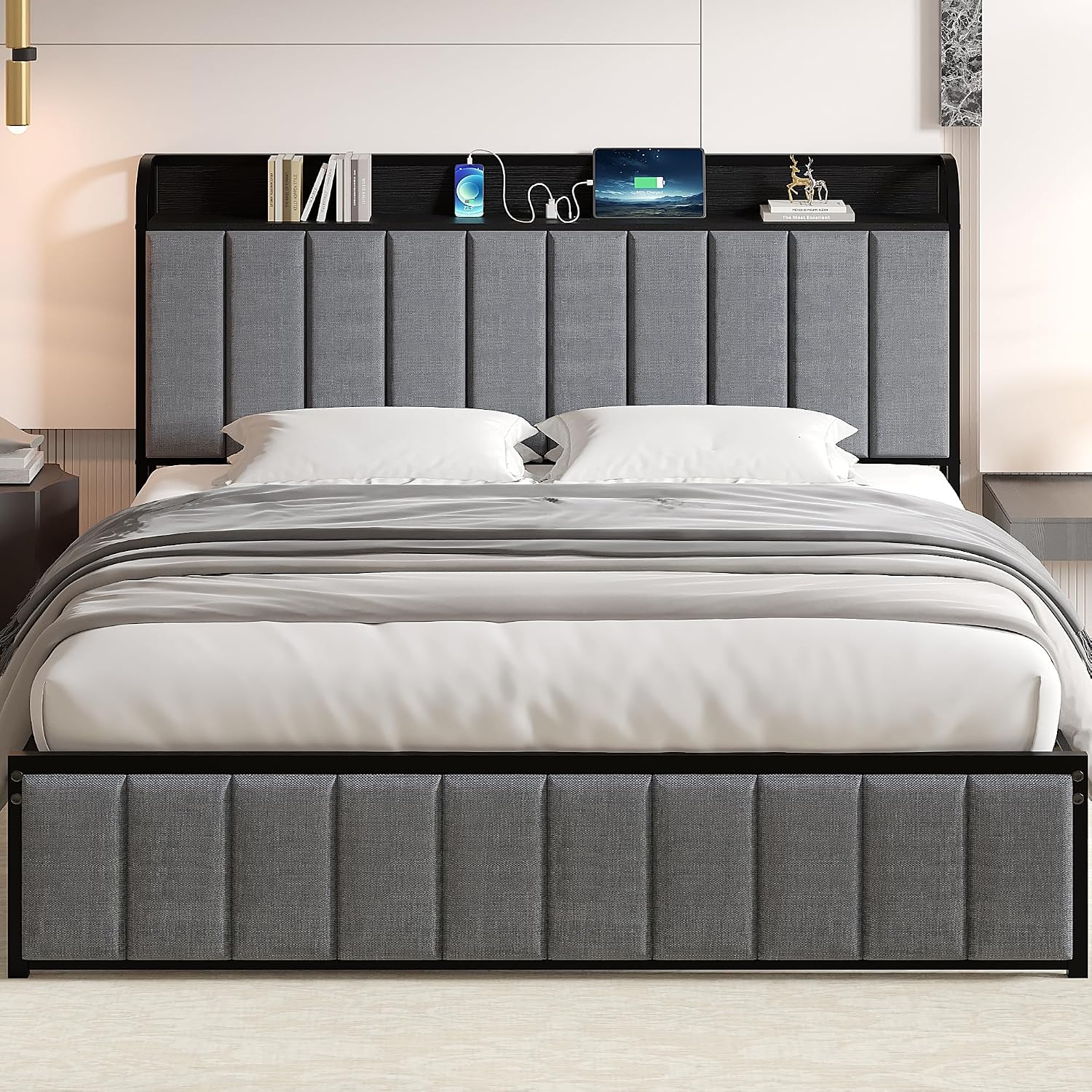 VECELO Queen Bed Frame, Storage Upholstered Headboard with Charging Station, Platform Bedframe, Heavy Duty Metal Slats, No Box Spring Needed, Noise-Free, Easy Assembly, Classic Grey