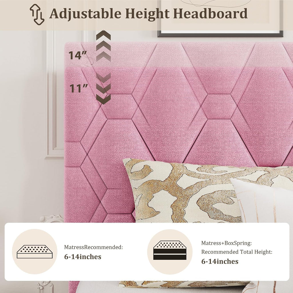 GarveeHome Pink Queen Bed Frame with Upholstered Headboard, Heavy-Duty Platform Bed Frame with Strong Wood Slats, No Box Spring Needed/Noise Free/Easy Assembly