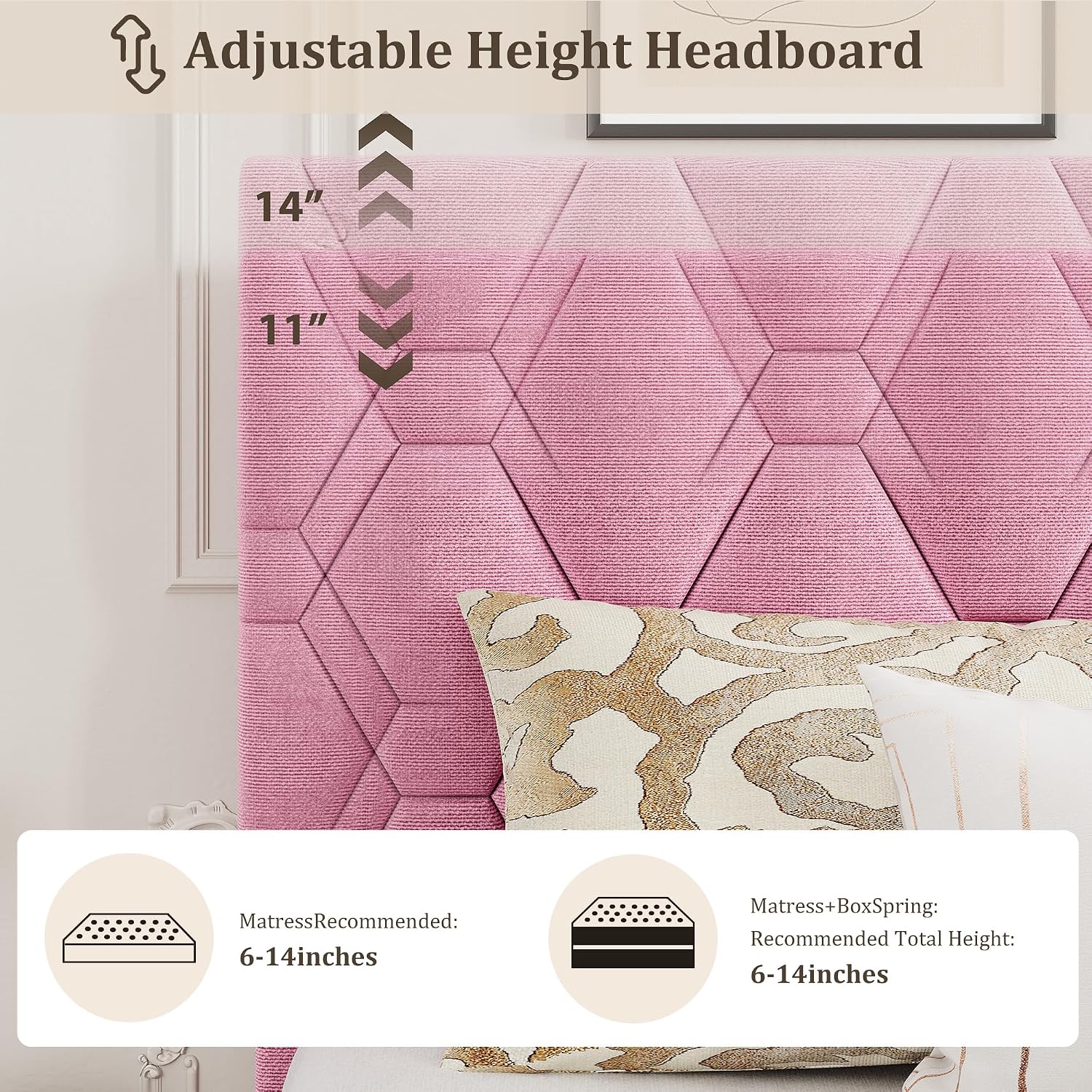 GarveeHome Pink Queen Bed Frame with Upholstered Headboard, Heavy-Duty Platform Bed Frame with Strong Wood Slats, No Box Spring Needed/Noise Free/Easy Assembly
