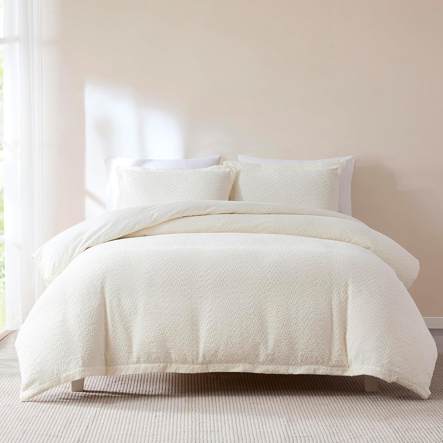 Lush Decor Lotti Boucle Duvet Cover 3 Piece Set Full/Queen Soft White - White Duvet Cover- Textured Cozy Bedding Set - Modern Minimalist Decor