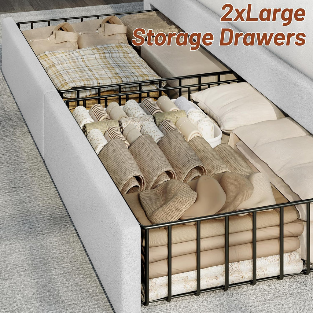 CypBed Full Size Upholstered Platform Bed Frame with Velvet & 2-Tier Storage Headboard, USB & Type-C Charging Ports, 4 Storage Drawers, Solid Wood Slats, No Box Spring Needed, No-Noise, White, Gifts