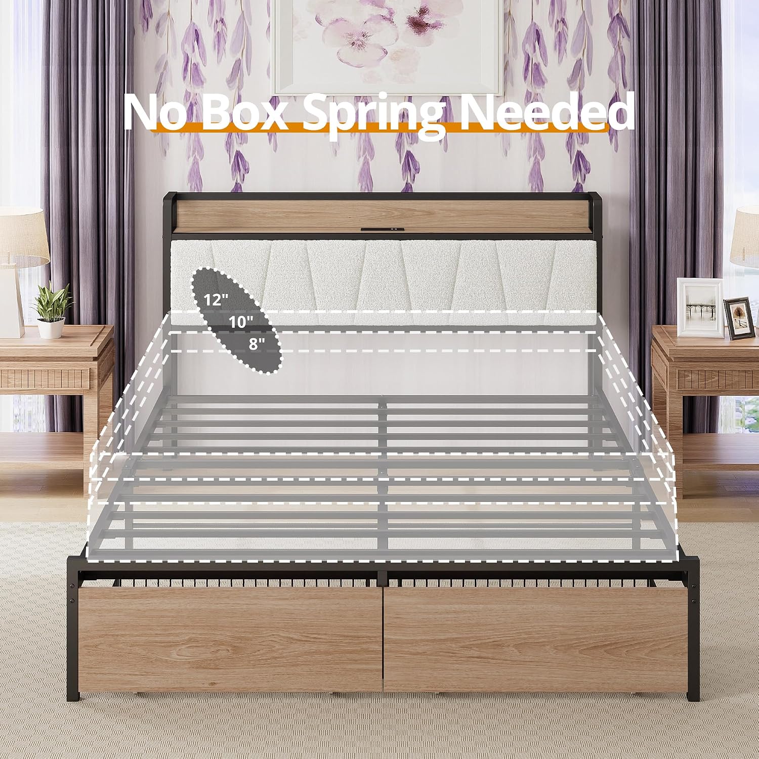 LIKIMIO Queen Size Bed Frame, Storage Headboard with Charging Station, Platform Bed with Drawers, No Box Spring Needed, Easy Assembly, Wood and Cream