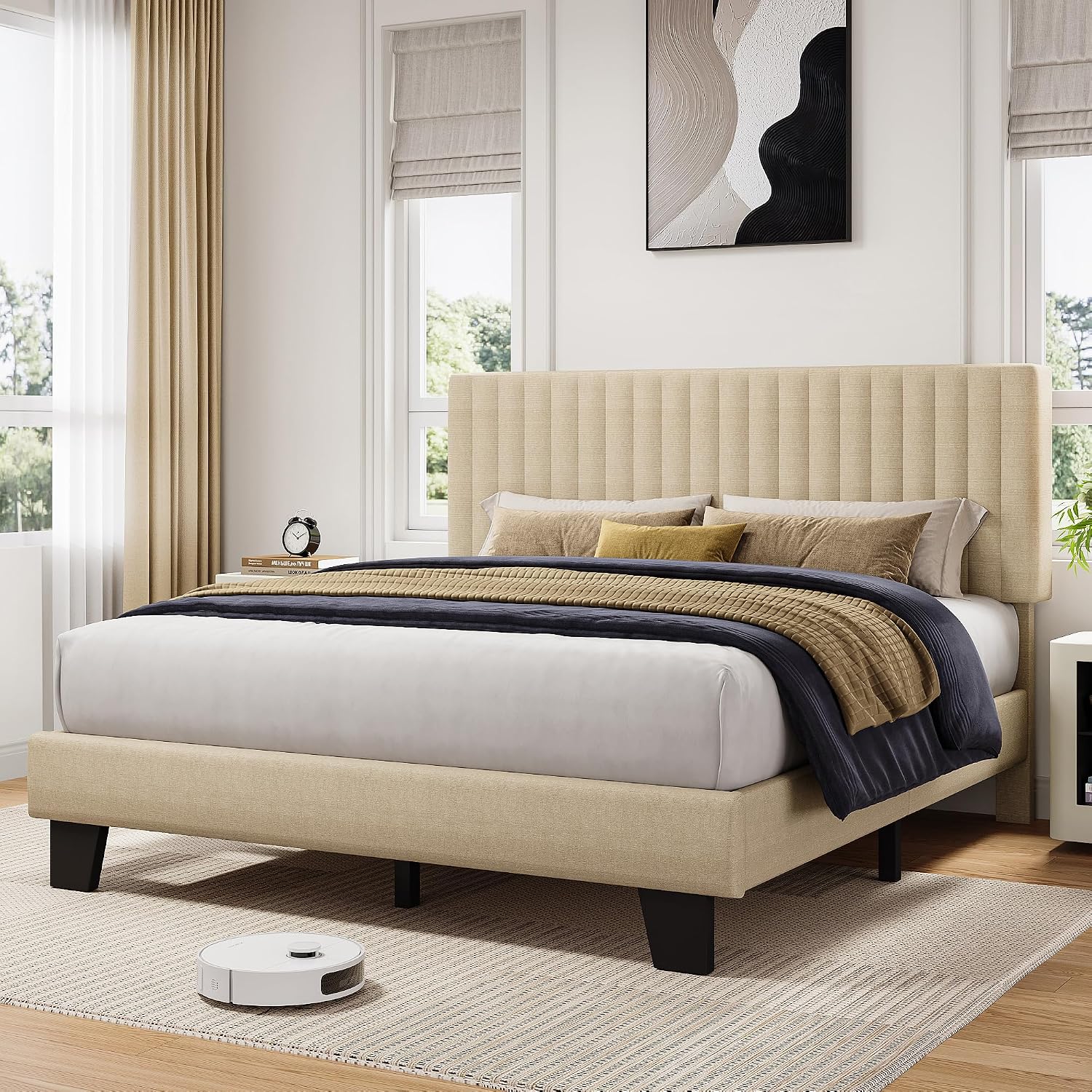 iPormis Full Size Bed Frame, Upholstered Platform Bed with Vertical Linen Headboard, Wide Bed Legs and Strong Wood Slats Support, No Box Spring Needed, Easy Assembly, Noise Free, Beige