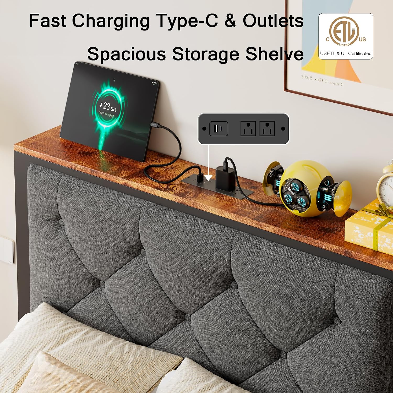Einhomn Twin Bed Frame with Storage Drawer, Metal Platform Bed with Charging Station, Upholstered Button Tufted Storage Headboard, No Box Spring Needed, Noise-Free, Easy Assembly, Grey