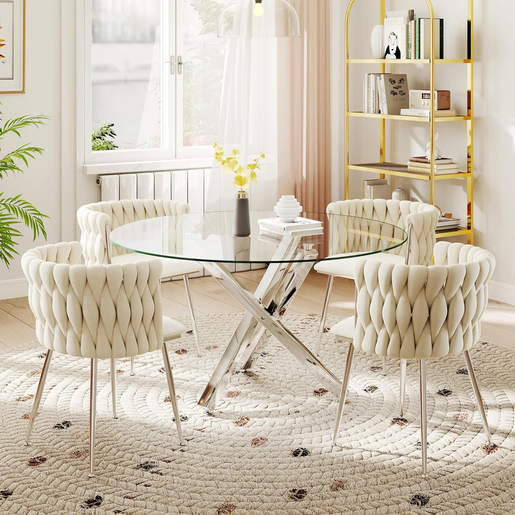 Silver Luxury Round Dining Table Set for 4, 47'' Modern Minimalist Circle Kitchen Table Set, 5 Pcs Large Clear Circular Glass Top Dinner Set, Ivory Woven Chairs Set, for Bedroom Breakfast Nook