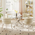 Silver Luxury Round Dining Table Set for 4, 47'' Modern Minimalist Circle Kitchen Table Set, 5 Pcs Large Clear Circular Glass Top Dinner Set, Ivory Woven Chairs Set, for Bedroom Breakfast Nook