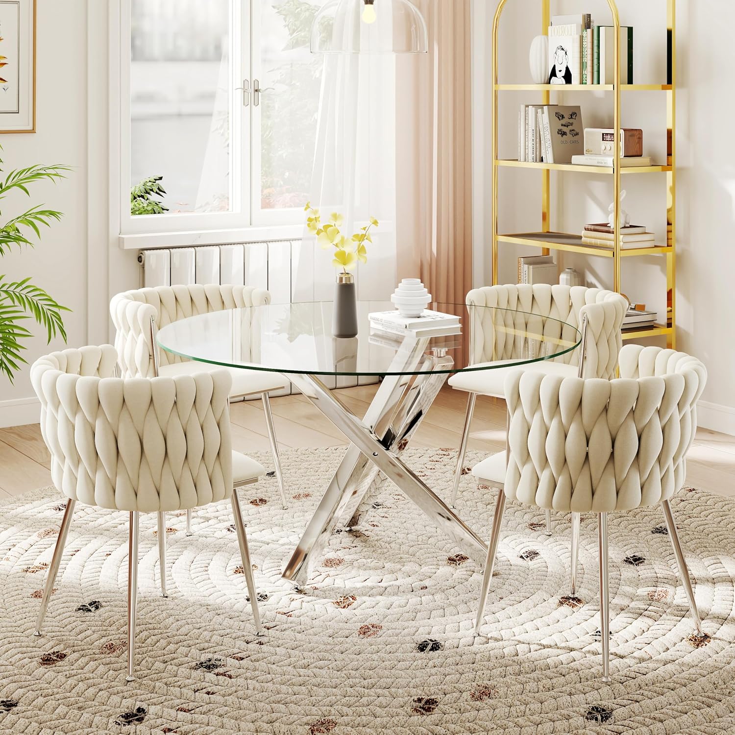 Silver Luxury Round Dining Table Set for 4, 47'' Modern Minimalist Circle Kitchen Table Set, 5 Pcs Large Clear Circular Glass Top Dinner Set, Ivory Woven Chairs Set, for Bedroom Breakfast Nook
