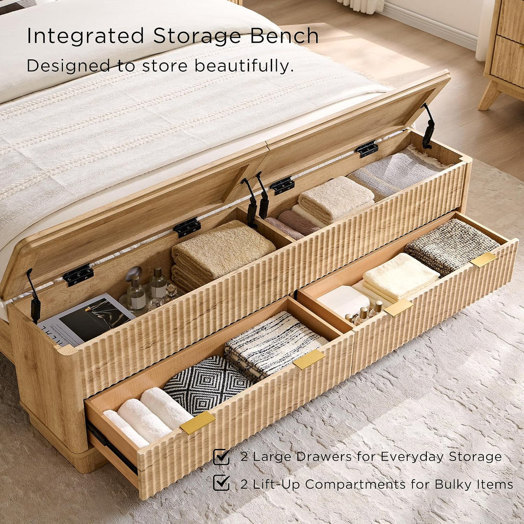 T4TREAM Fluted Queen Size Bed Frame with Wingback Headboard, Footboard Storage Bench with Built-in Drawers & Lift-Up Compartments, Wood & Steel Platform Bed, No Box Spring Needed, Natural Oak