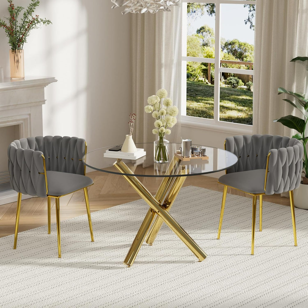 3 Piece Modern Glass Round Dining Set, Clear Circle Glass Top Dinner Room Set, 36'' Gold Luxury Circular Kitchen Table and Grey Woven Chairs Set of 2, for Small Apartment Bedroom Leisure