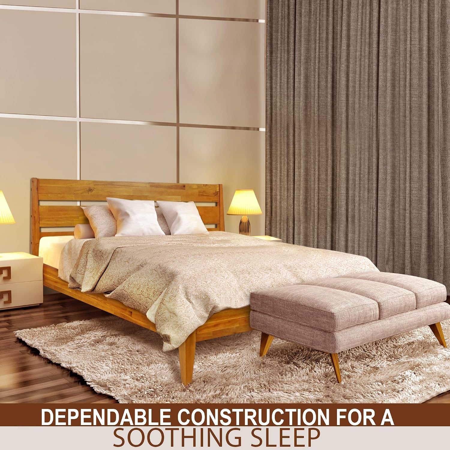 Acacia Emery Bed Frame with Headboard Solid Wood Platform Bed, Queen Size Bed Frame, Mid - Century Modern Wood Bed Compatible with All Mattresses, Easy Assembly, Non-Slip, Caramel.