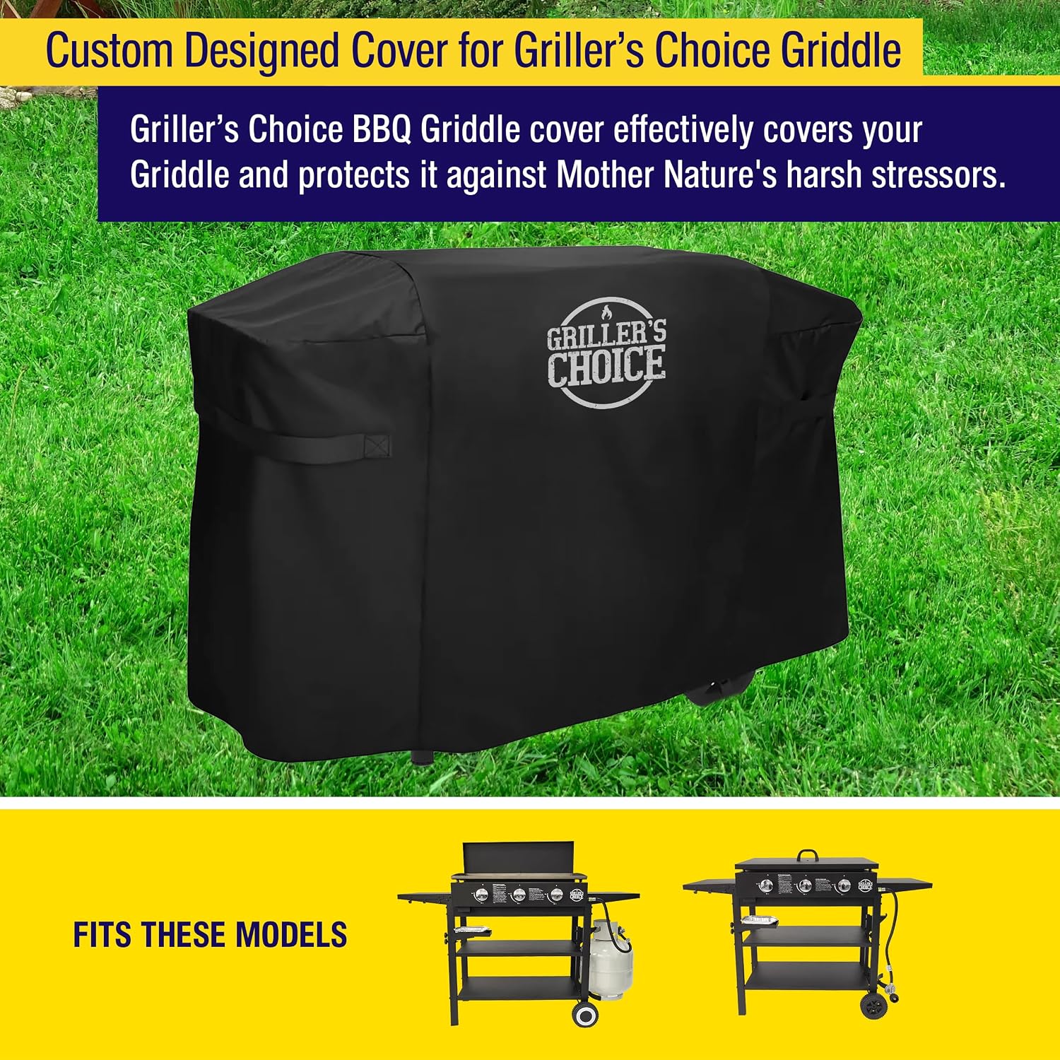 Griller's Choice Gas Griddle Bundle - Griddle, 16 pc Spatula Set, Grill Cover - Hinged Hood, Wind Guards, No Mess Disposable Front Grease Cups, 4 Shelves, Propane Flattop Grill