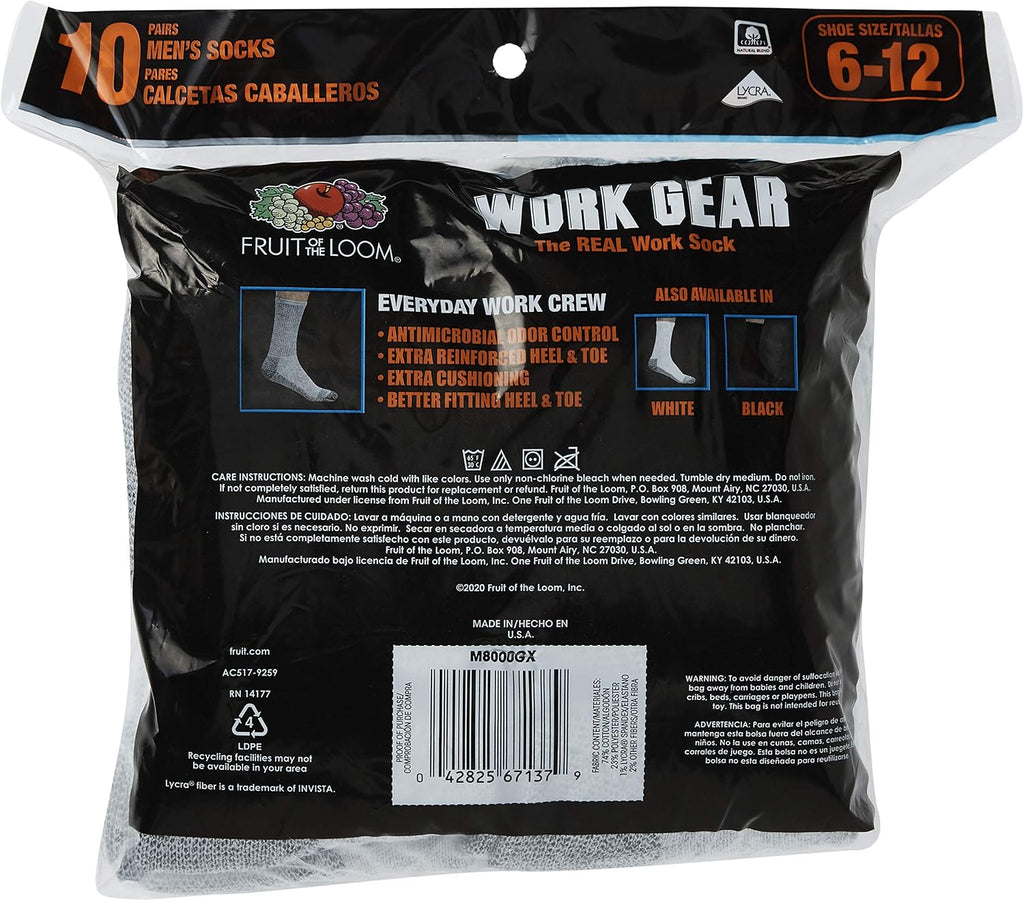 Fruit of the Loom Men's Work Gear Cushioned Crew Socks 10 Pair