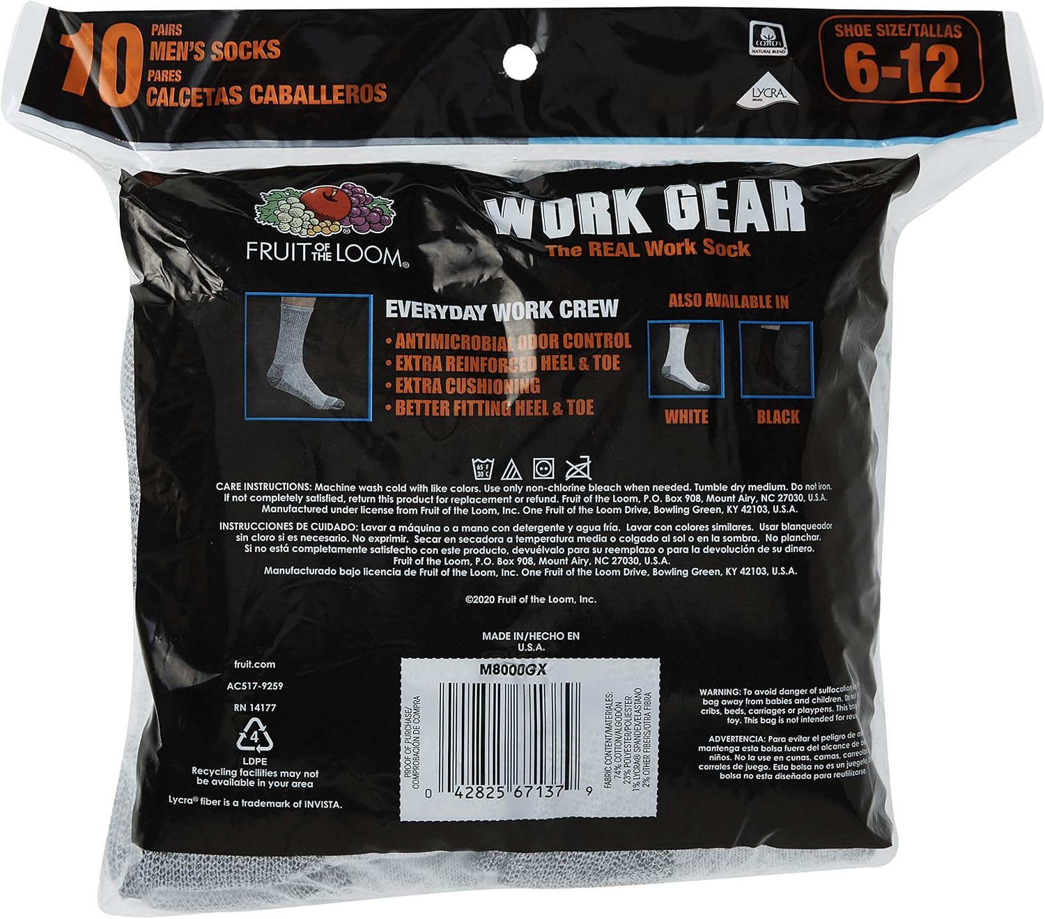Fruit of the Loom Men's Work Gear Cushioned Crew Socks 10 Pair