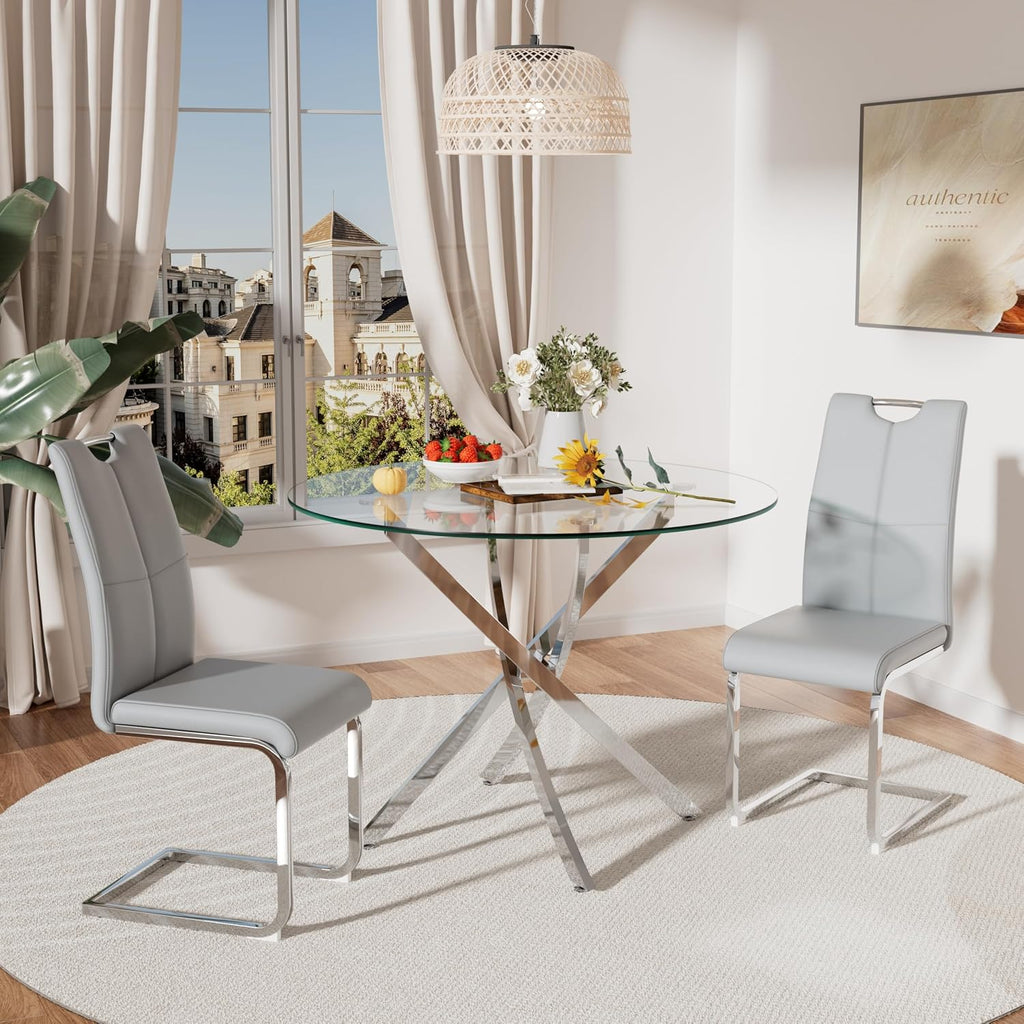RGZ 3 Pieces Modern Round Kitchen Set, Clear Circle Glass Dining Table with Light Grey PU Faux Leather Chairs Set of 2, 36'' Small Luxury Circular Dinner Room Set, for Breakfast Nook Home (Silver)