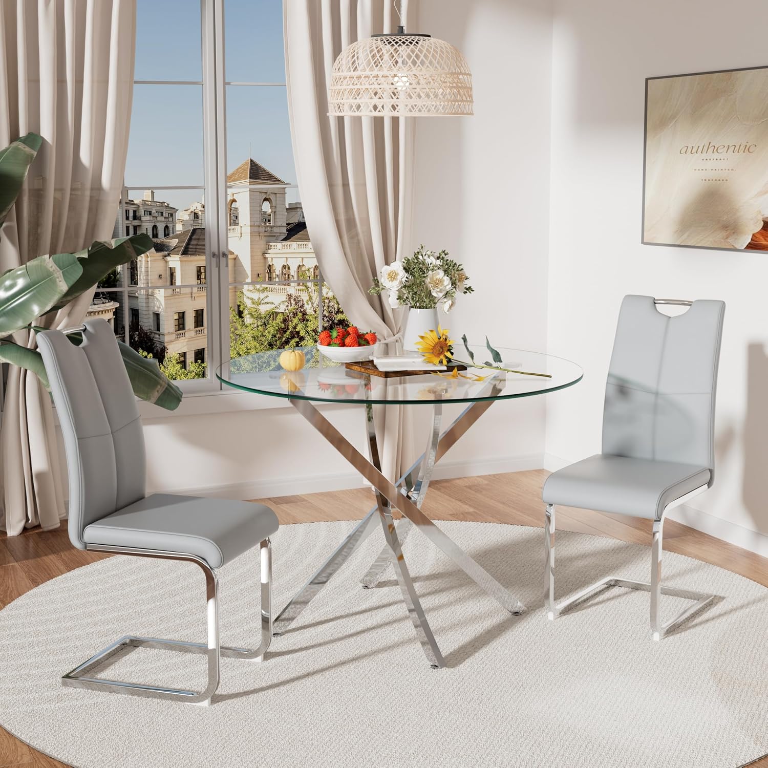 RGZ 3 Pieces Modern Round Kitchen Set, Clear Circle Glass Dining Table with Light Grey PU Faux Leather Chairs Set of 2, 36'' Small Luxury Circular Dinner Room Set, for Breakfast Nook Home (Silver)