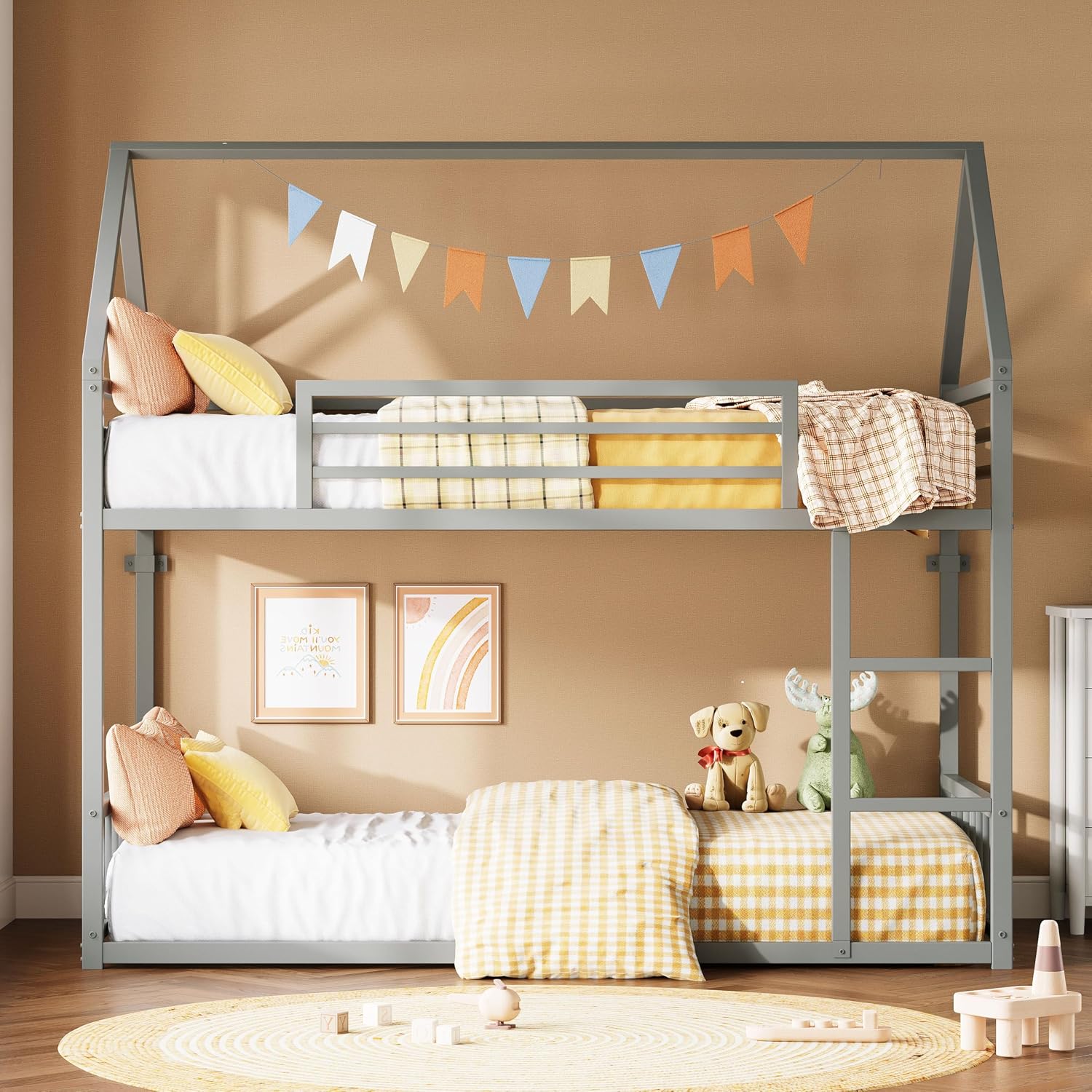 LIKIMIO Bunk Bed Twin Over Twin, House Bunk Bed Frame with Ladder and Guardrail, House Shaped with Metal Slats for Dormitory and Bedroom, Space Saving, No Box Spring Needed, Grey