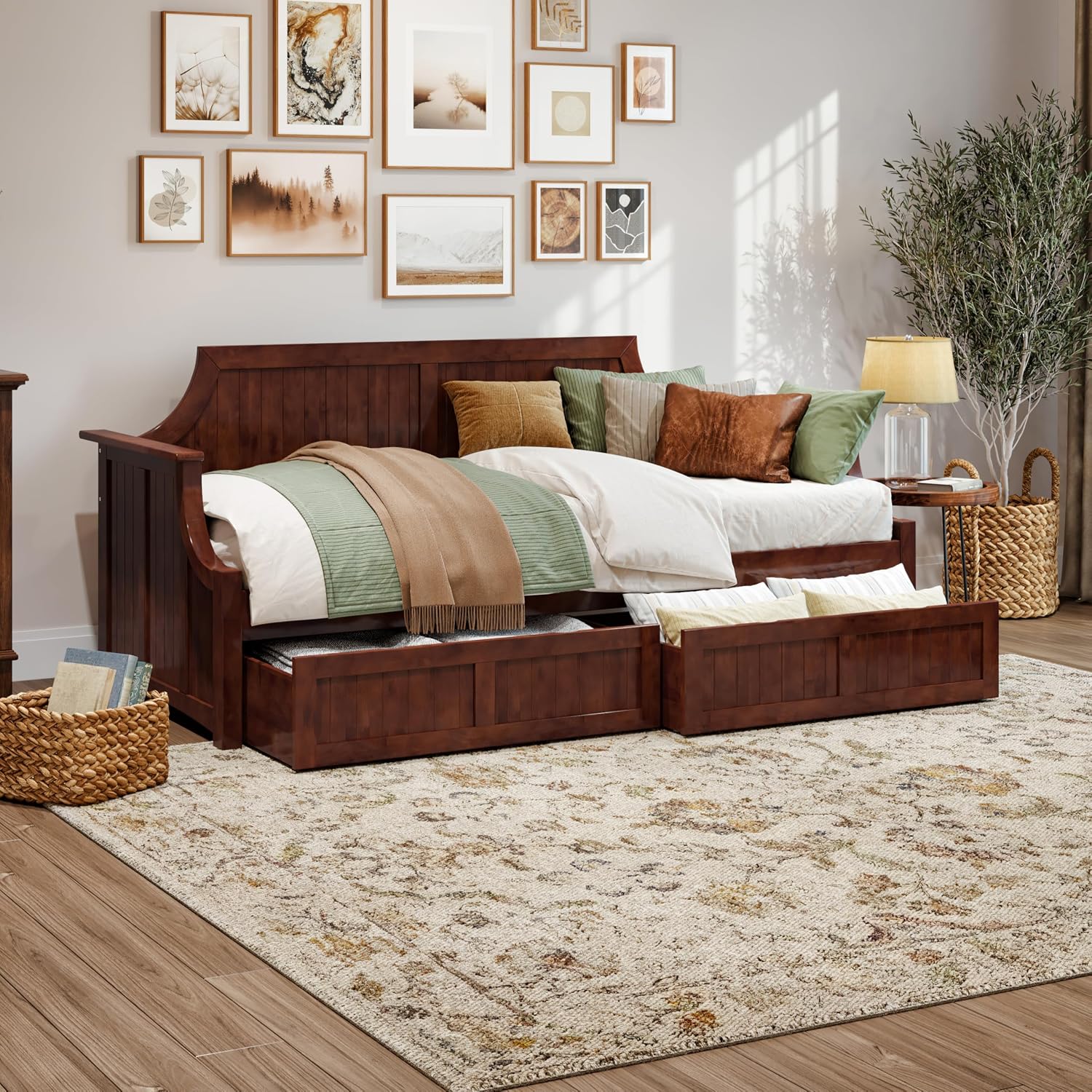 AFI Cambridge Twin Wood Daybed with Set of 2 Drawers in Walnut