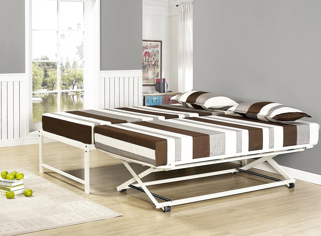 Kings Brand Furniture Twin Size White Metal Platform Bed With Pop Up Trundle
