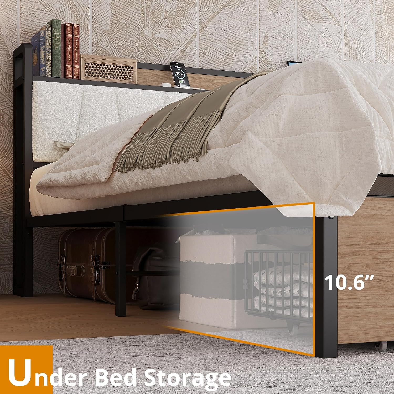 LIKIMIO King Size Bed Frame, Storage Headboard with Charging Station, Platform Bed with Drawers, No Box Spring Needed, Easy Assembly, Wood and Cream