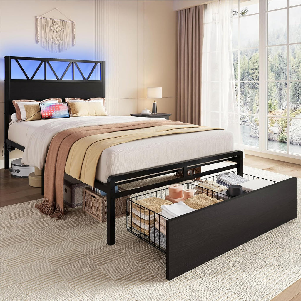 LIKIMIO Twin XL Bed Frames with Storage Drawer, Charging Station and LED Lights, Twin XL Bed Frame with Headboard, No Box Spring Needed, Easy Assembly for Teen Room, Small Apartment, Bedroom, Black