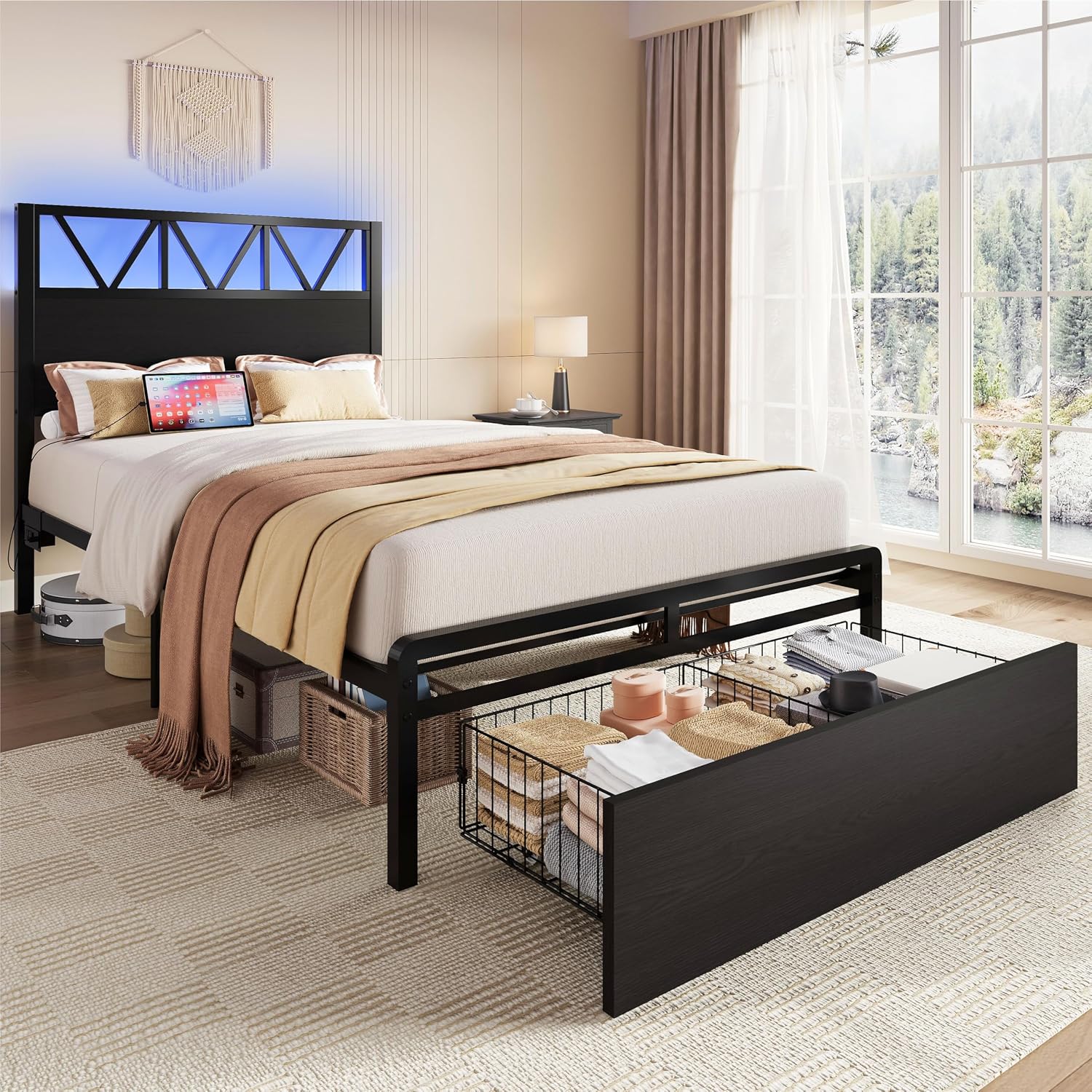 LIKIMIO Twin XL Bed Frames with Storage Drawer, Charging Station and LED Lights, Twin XL Bed Frame with Headboard, No Box Spring Needed, Easy Assembly for Teen Room, Small Apartment, Bedroom, Black