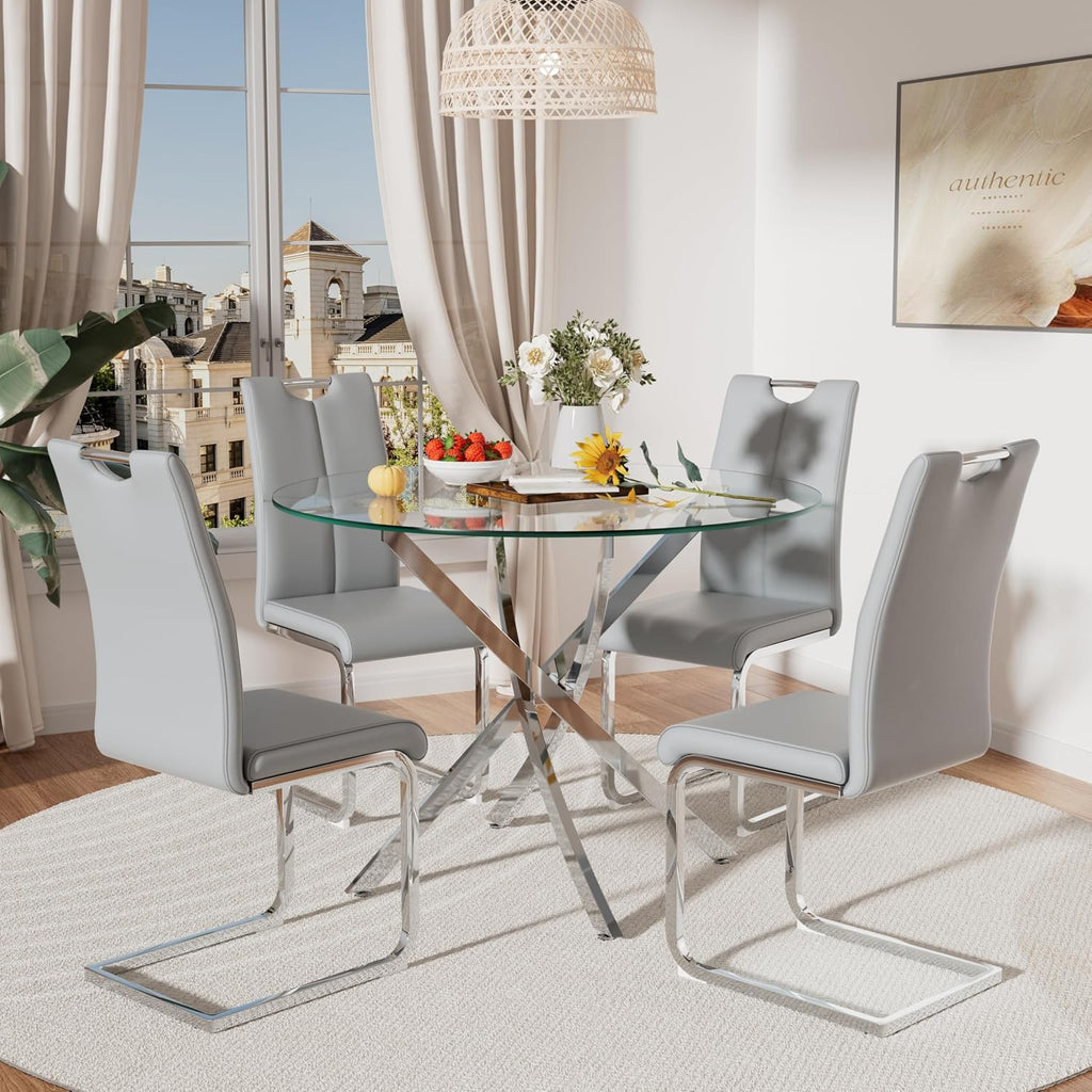 RGZ 5 Pieces Modern Round Kitchen Set, Clear Circle Glass Dining Table with Light Grey PU Faux Leather Chairs Set of 4, 36'' Small Luxury Circular Dinner Room Set, for Apartment Leisure (Silver)