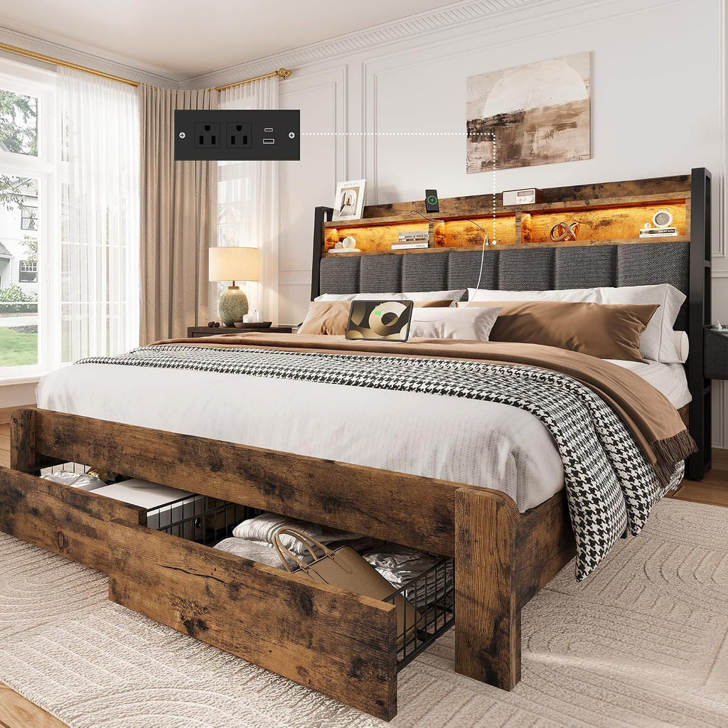 BRELTAM King Size Bed Frame with 2 Storage Drawers, Wood Platform Bed Frame with 2-Tier Storage Headboard Built in Charging Station & LED Light,Noise-Free/Metal Support/No Box Spring Needed,Brown
