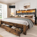 BRELTAM King Size Bed Frame with 2 Storage Drawers, Wood Platform Bed Frame with 2-Tier Storage Headboard Built in Charging Station & LED Light,Noise-Free/Metal Support/No Box Spring Needed,Brown