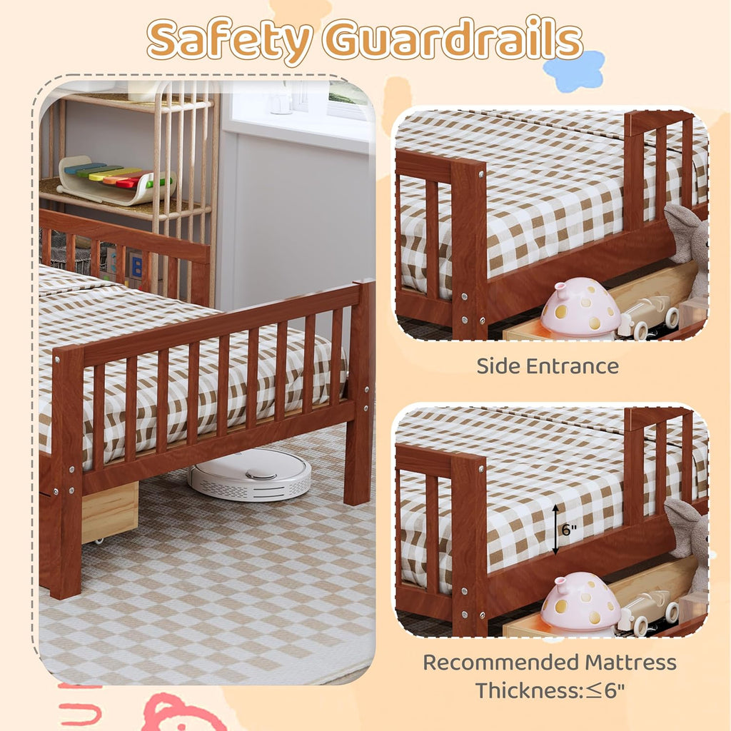 VilroCaz Wood Twin Size Platform Bed with Safety Fence for Kids Boys Girls, Platform Bed Frame with Practical Headboard and 2 Under-Bed Drawers, Sturdy Slats Support (Walnut-3.15)