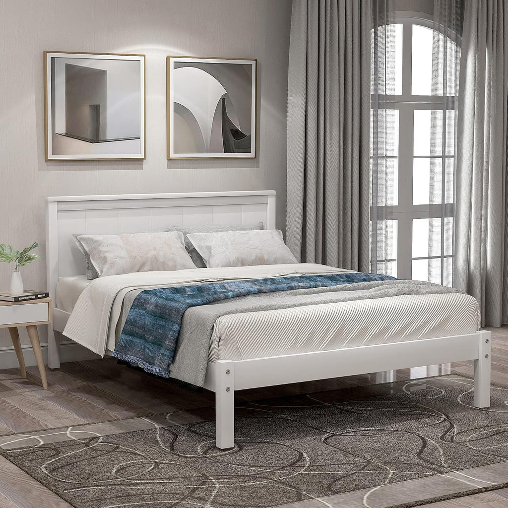 Twin Size Wood Bed Frame and Headboard, Modern Retro White Platform Beds Frames, Sturdy and Durable Design Rustic Wooden Bedroom Set, Easy Assembly, No Box Spring Needed (White, Twin)