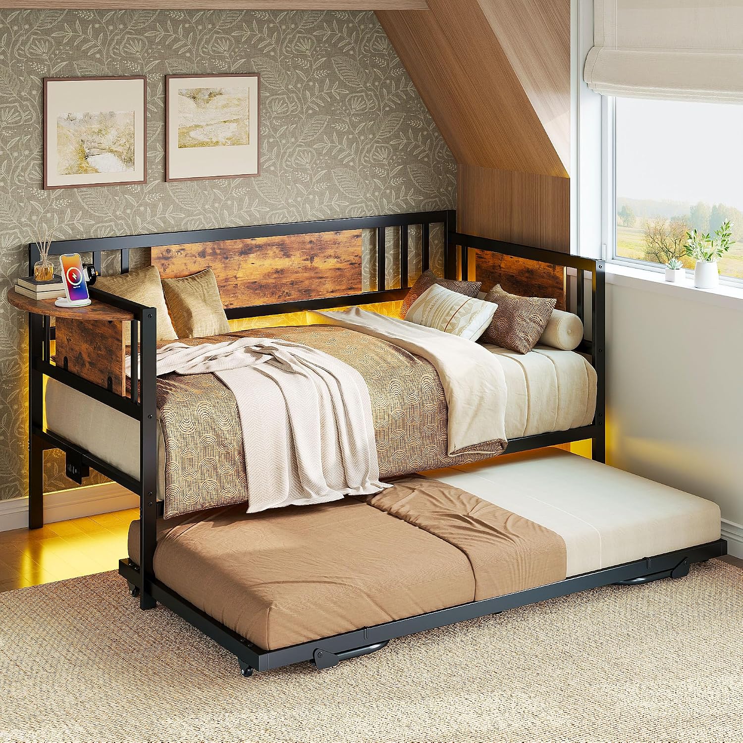 LIKIMIO Daybed with Trundle & Foldable Headboard, 700lbs Metal Twin Bed Frame with LED Lights and Charging Station, Industrial Day Bed for Bedroom, Living Room, Black