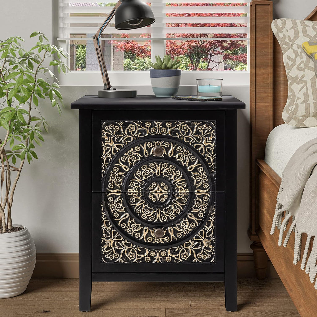 COZAYH Set of 2 2-Drawer Fully-Assembled Flower Motif Nightstand for Small Spaces, French Country, Modern, Distressed Finish,Gold & Black