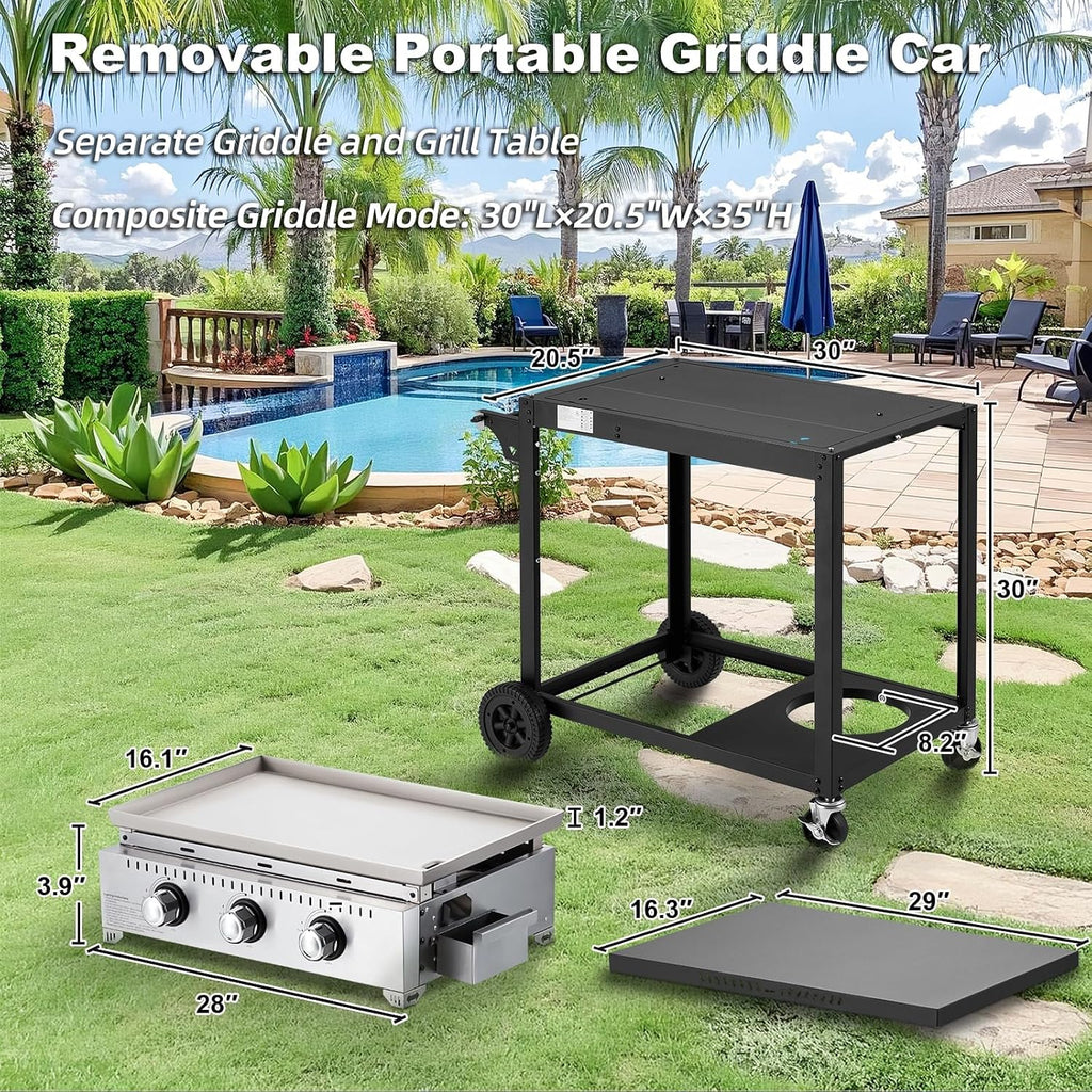 3 Burner 30000 BTU Outdoor Gas Griddle with Lid (Side Shelf), Portable Flat Top Griddle 28 Inch Heavy-Duty Cast Iron Grill, Bottle Rack & Grease Pan for Camping, Picnic, Patio