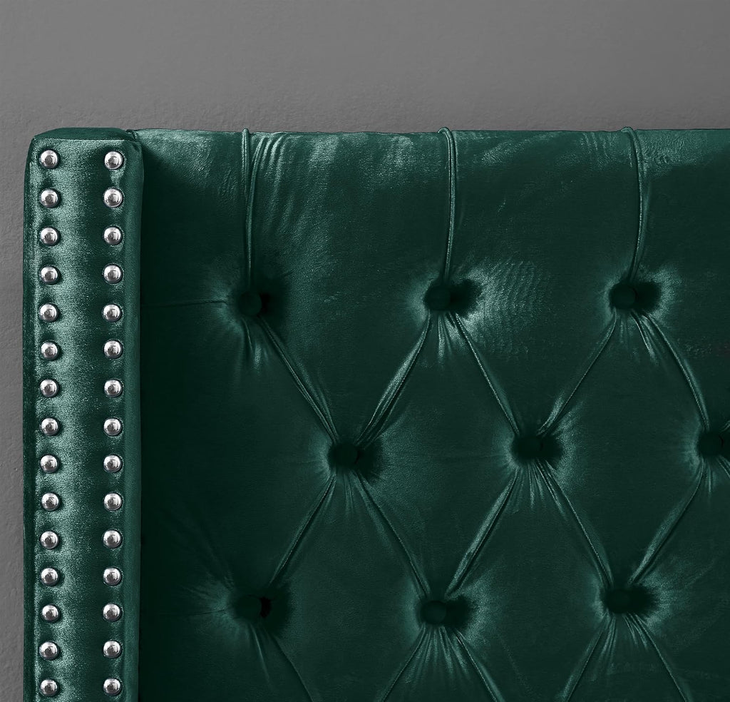 Meridian Furniture Aiden Collection Modern | Contemporary Velvet Upholstered Bed with Deep Button Tufting, Solid Wood Frame, and Custom Chrome Legs, Full, Green