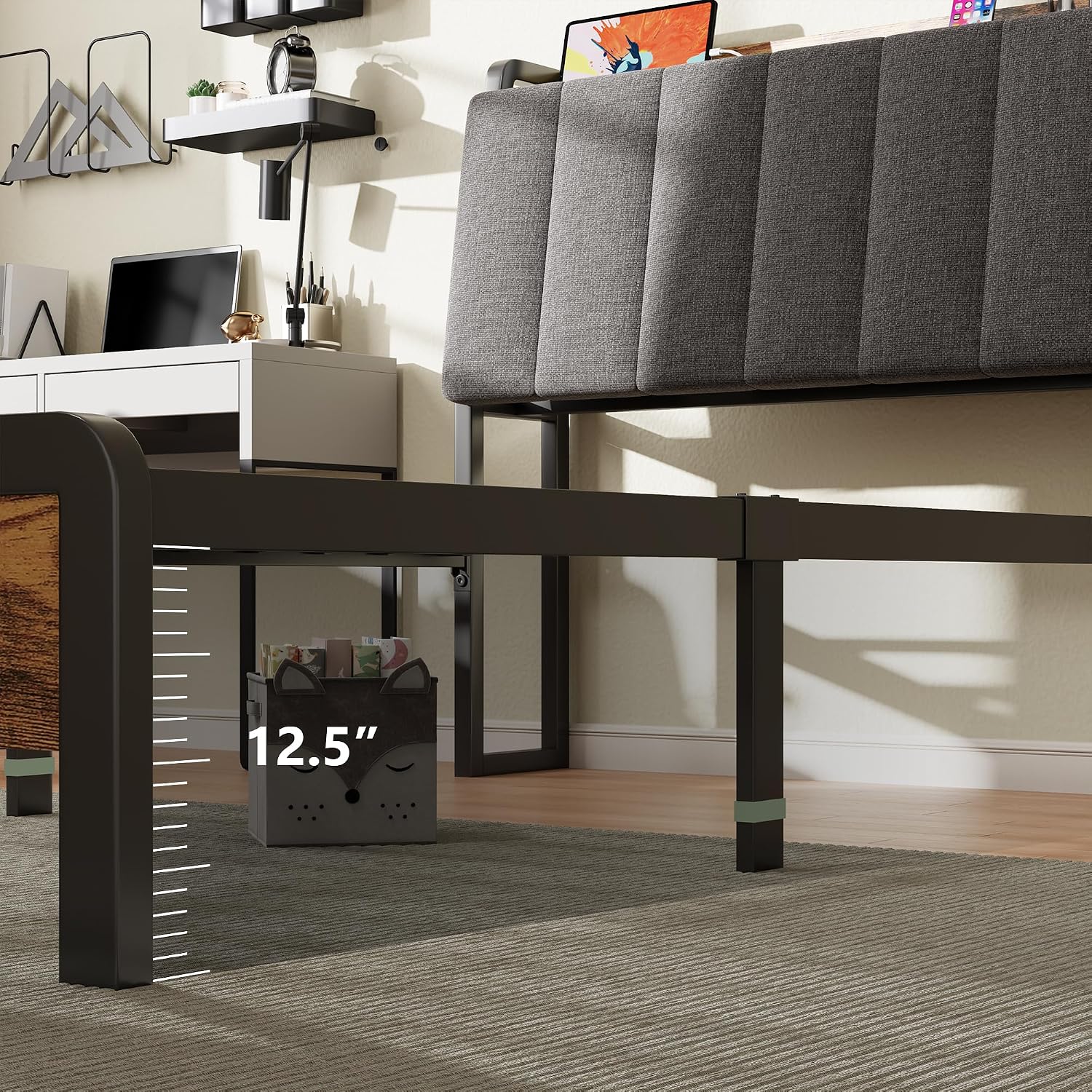 Feonase Twin Bed Frame, 14.5 Inch Metal Platform Bed with 1 Hidden Storage Shelf, Ergonomic Upholstered Headboard with Outlets, Easy Assembly, No Box Spring Needed