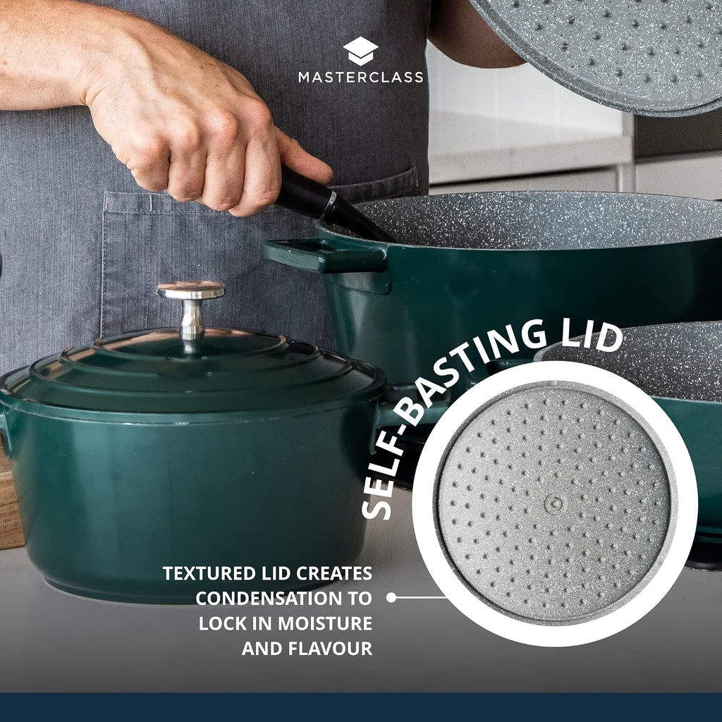 Master Class Large Casserole Dish with Lid, Lightweight Cast Aluminium, Induction Hob and Oven Safe, Hunter Green Colour, 5 Litre/28 cm