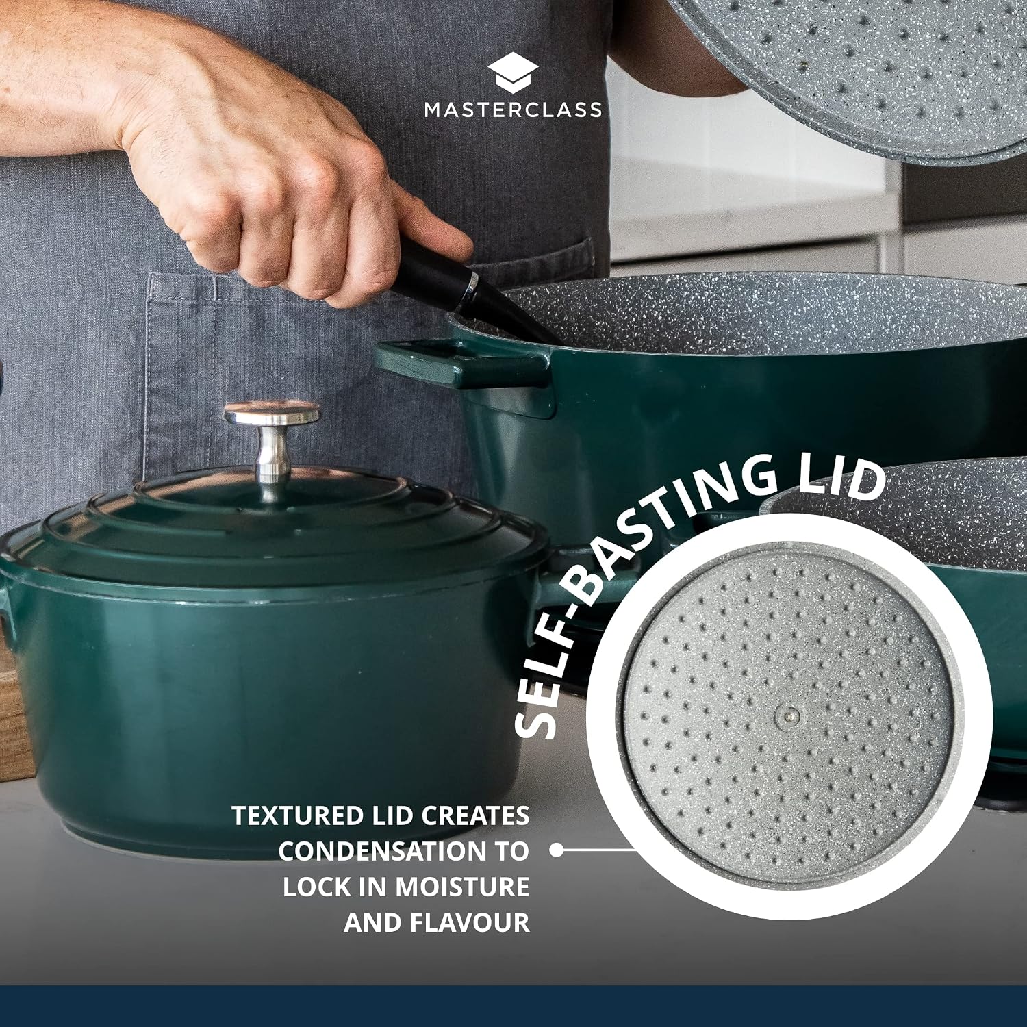 Master Class Large Casserole Dish with Lid, Lightweight Cast Aluminium, Induction Hob and Oven Safe, Hunter Green Colour, 5 Litre/28 cm