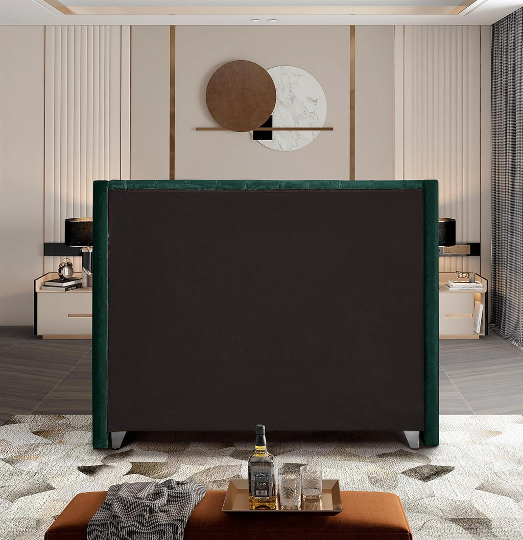 Meridian Furniture Aiden Collection Modern | Contemporary Velvet Upholstered Bed with Deep Button Tufting, Solid Wood Frame, and Custom Chrome Legs, Full, Green