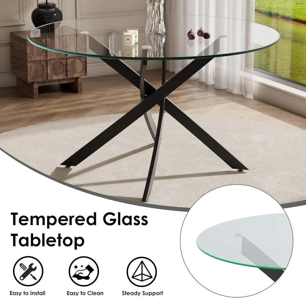 RGZ 5 Piece Luxury Round Dining Table Set, 47'' Modern Circle Kitchen Set for 4, 4 Person Clear Glass Circular Top Dinner Room Set, Black Boucle Chairs, for Living Room Large Apartment (Black)