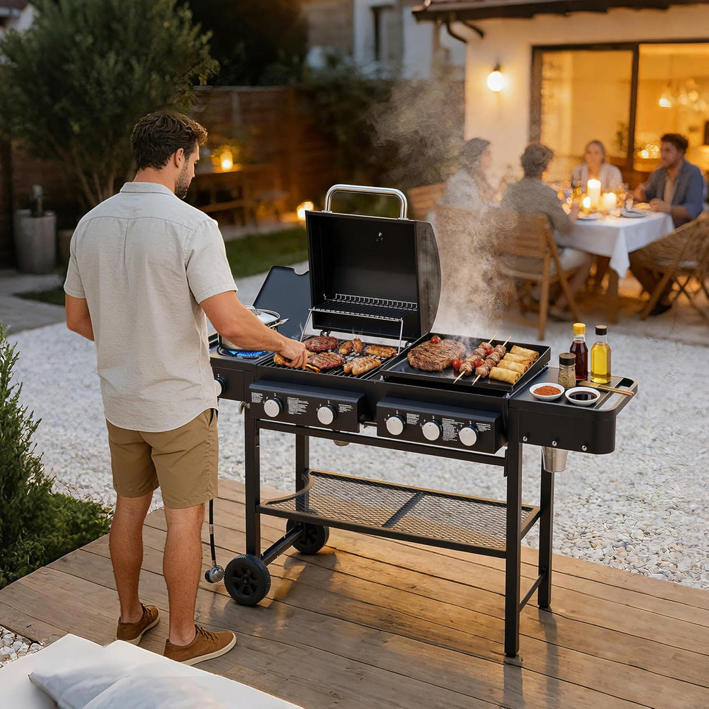 Propane Gas Grill with Griddle Combo, 745 Sq.In Cooking Space, 5 Burners 56000 BTU BBQ Grill with Side Burner, Heavy-Duty Outdoor Grill for Backyard & Patio Cooking
