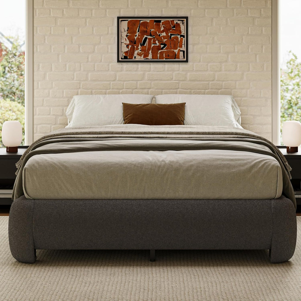 Cloud Bed Frame King Size, Soft Boucle Bed Frame with Round Corner, Upholstered King Size Bed Frame with Heavy Duty Wood Slat, No Box Spring Needed, Easy Assembly, Dark Grey