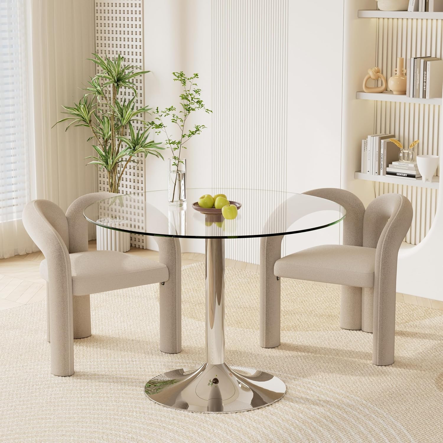 Round Glass Dining Set for 2, 3 Pieces Modern Luxury Circle Dinner Room Set, 35'' Small Minimalist Tulip Circular Kitchen Table Set, Beige Barrel Dining Chair, for Bedroom Apartment (Silver)