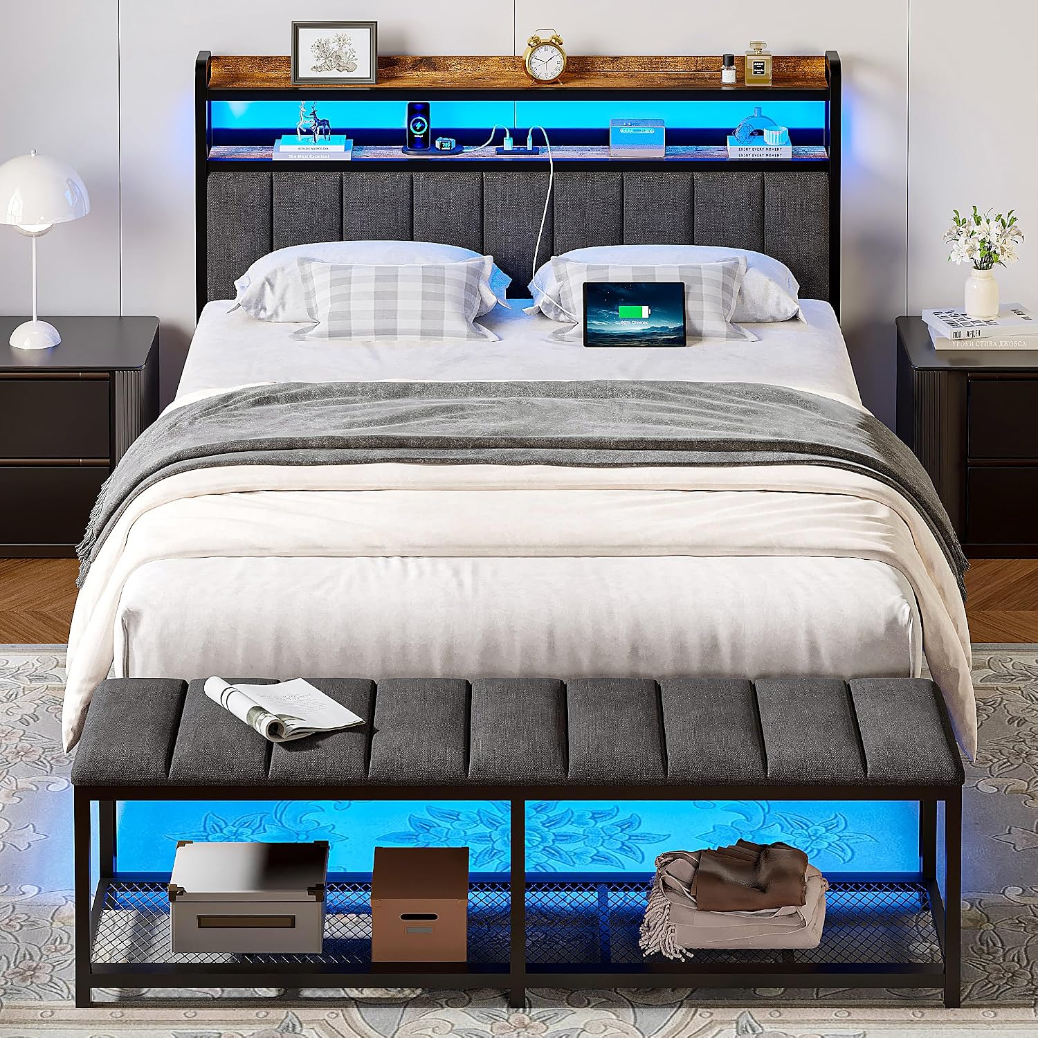 VECELO Queen Size Bed Frame with LED Lights and Bench, Upholstered Headboard Bed Frame with Storage & USB Charging Station, Sturdy Metal Frame, No Box Spring Needed, Grey