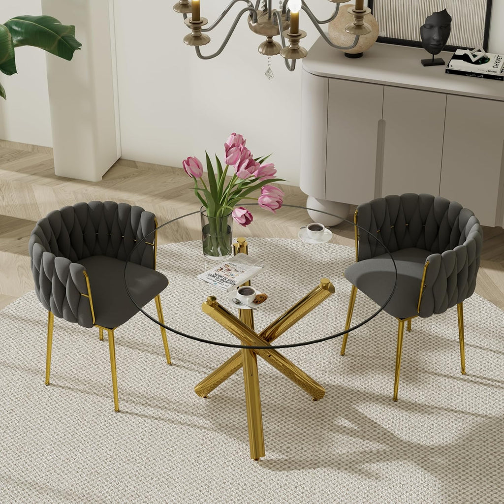 3 Piece Modern Glass Round Dining Set, Clear Circle Glass Top Dinner Room Set, 36'' Gold Luxury Circular Kitchen Table and Grey Woven Chairs Set of 2, for Small Apartment Bedroom Leisure